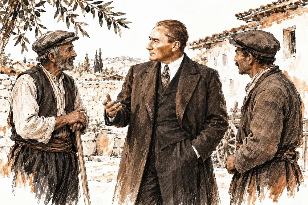Atatürk Köylülerle Sohbet Ederken Suluboya Kanvas Tablo