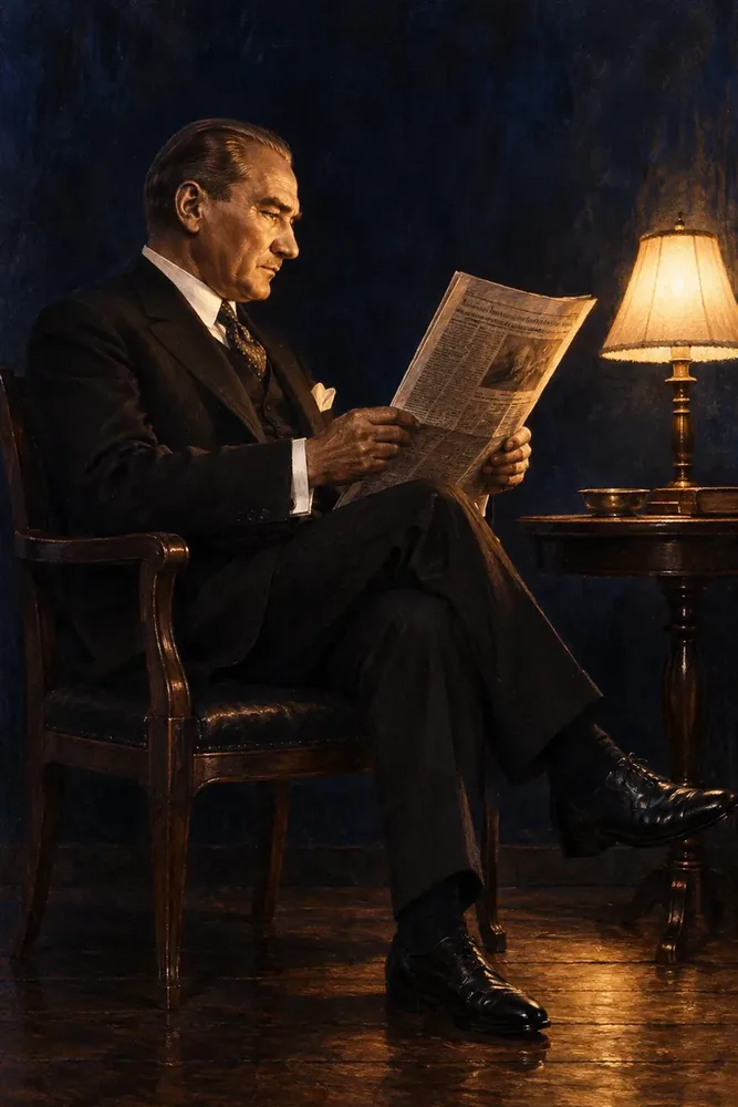 Atatürk Lamba Işığında Gazete Okurken Kanvas Tablo