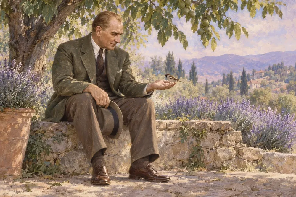 Atatürk Lavanta Bahçesinde Otururken Kanvas Tablo