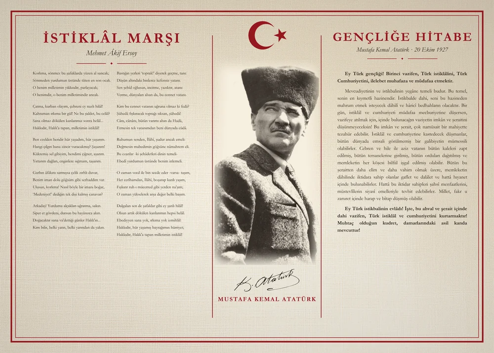 Krem Keten Zeminli Kalpaklı Atatürk İstiklâl Marşı ve Gençliğe Hitabe Makam Panosu