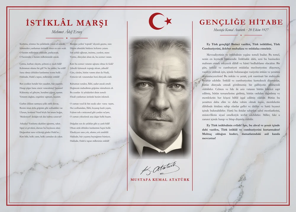 Beyaz Mermer Zeminli Atatürk Portreli İstiklâl Marşı ve Gençliğe Hitabe Makam Panosu