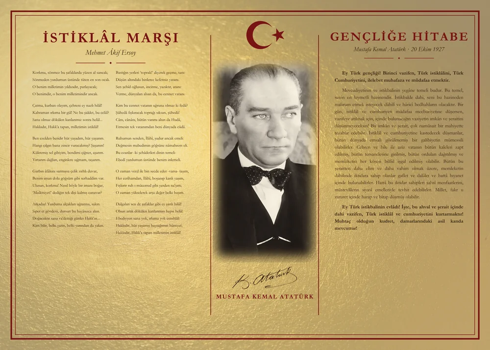 Altın Varak Zeminli Papyonlu Atatürk İstiklâl Marşı ve Gençliğe Hitabe Makam Panosu