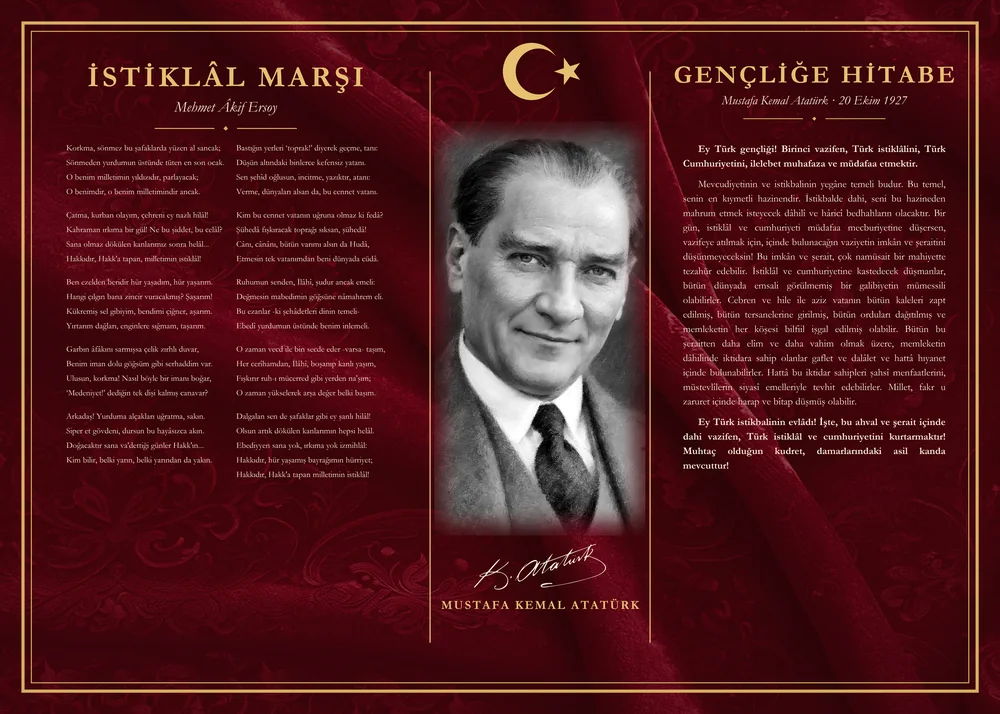 Bordo Kadife Zeminli Gülümseyen Atatürk İstiklâl Marşı ve Gençliğe Hitabe Makam Panosu
