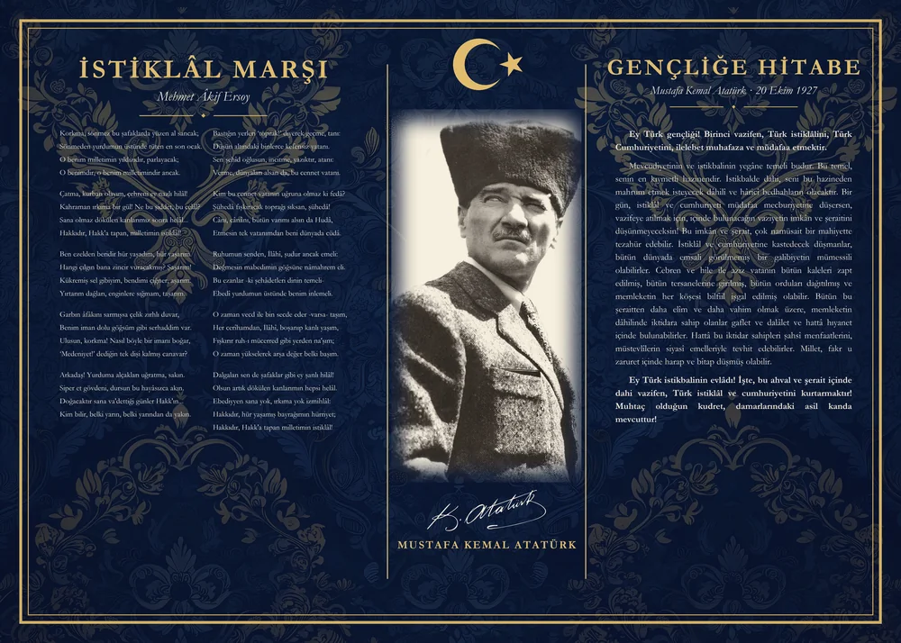 Lacivert Damask Zeminli Kalpaklı Atatürk İstiklâl Marşı ve Gençliğe Hitabe Makam Panosu