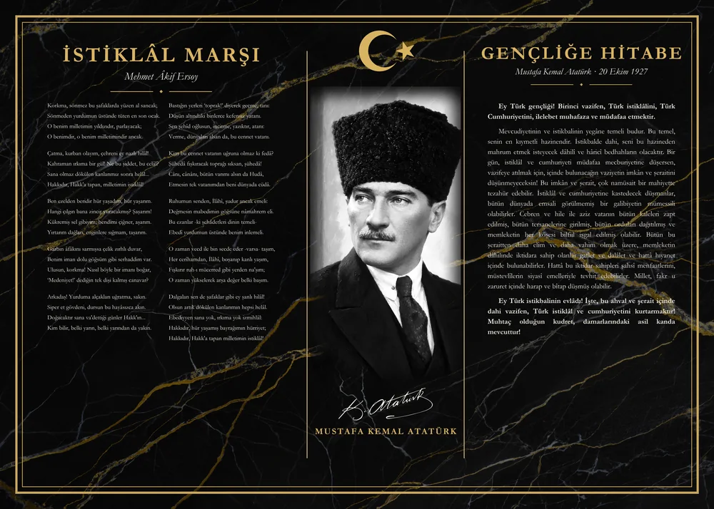 Siyah Mermer Zeminli Yağlı Boya Kalpaklı Atatürk İstiklâl Marşı ve Gençliğe Hitabe Makam Panosu
