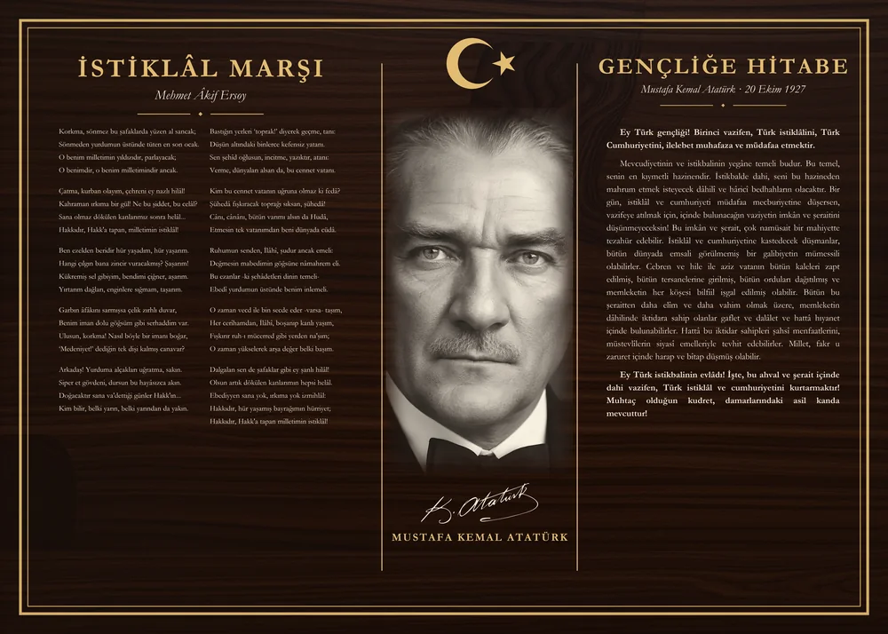 Ceviz Zeminli Atatürk Portreli İstiklâl Marşı ve Gençliğe Hitabe Makam Panosu