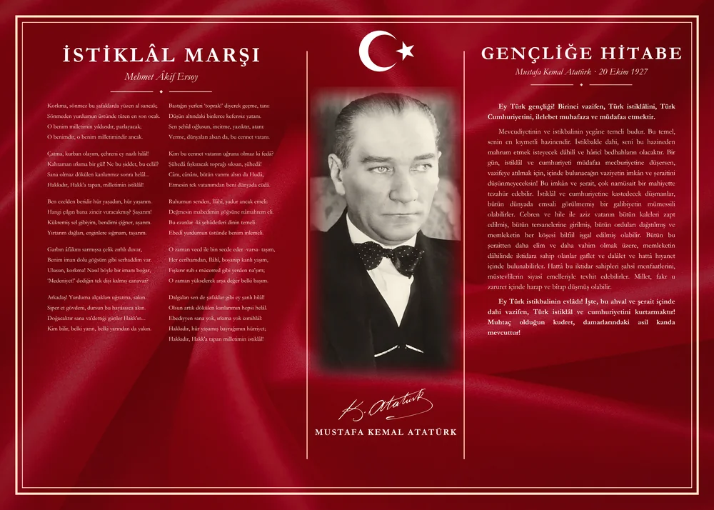 Al Bayrak Kırmızısı Zeminli Papyonlu Atatürk İstiklâl Marşı ve Gençliğe Hitabe Makam Panosu