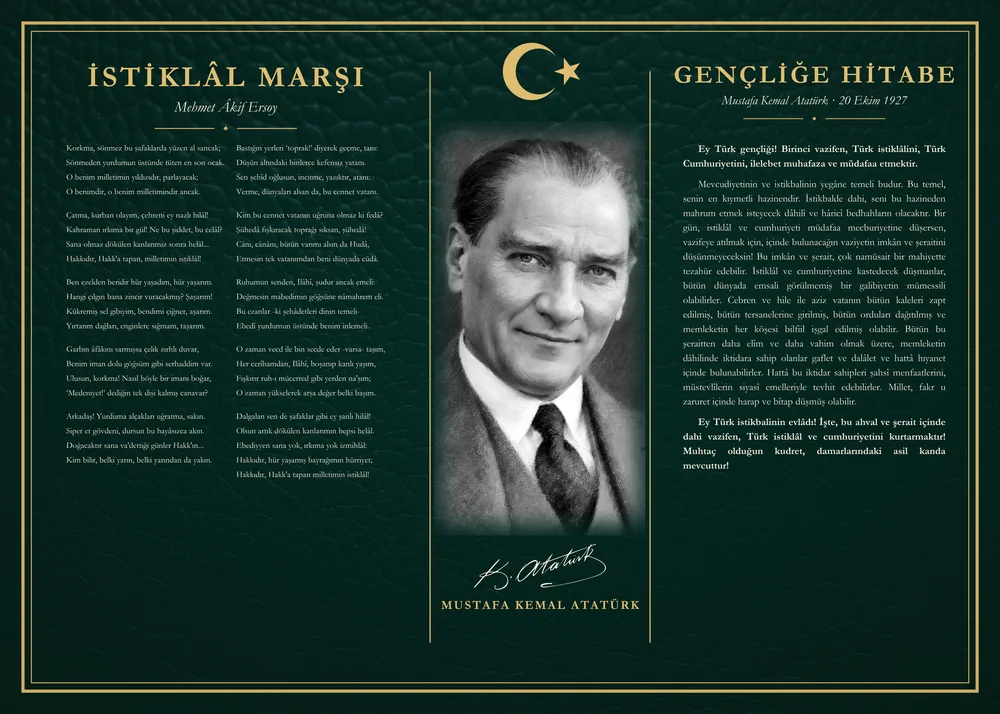 Yeşil Deri Zeminli Gülümseyen Atatürk İstiklâl Marşı ve Gençliğe Hitabe Makam Panosu
