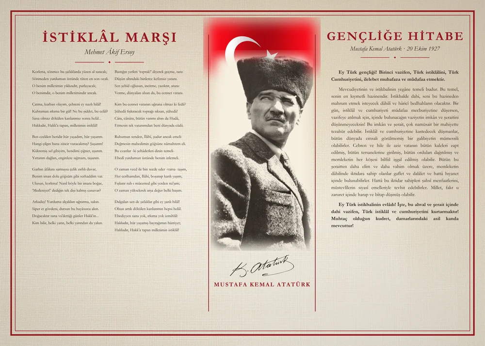 Krem Keten Zeminli Kalpaklı Atatürk Bayraklı İstiklâl Marşı ve Gençliğe Hitabe Makam Panosu