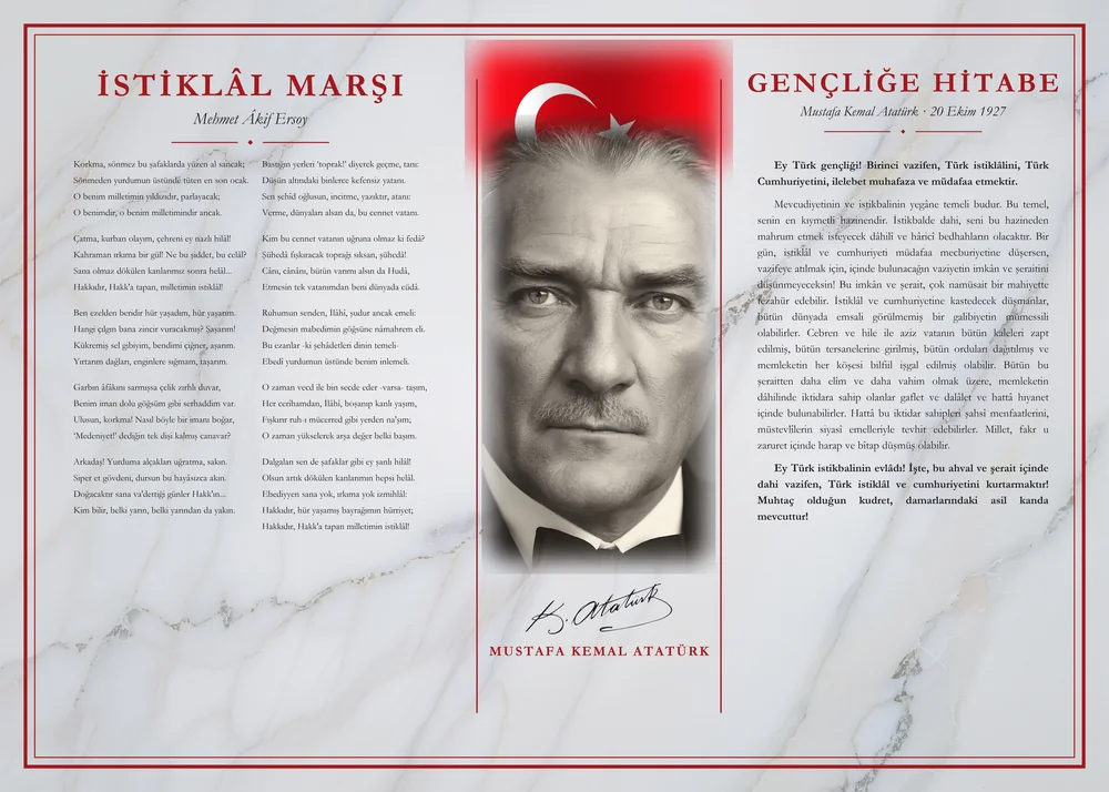 Beyaz Mermer Zeminli Atatürk Portreli Bayraklı İstiklâl Marşı ve Gençliğe Hitabe Makam Panosu