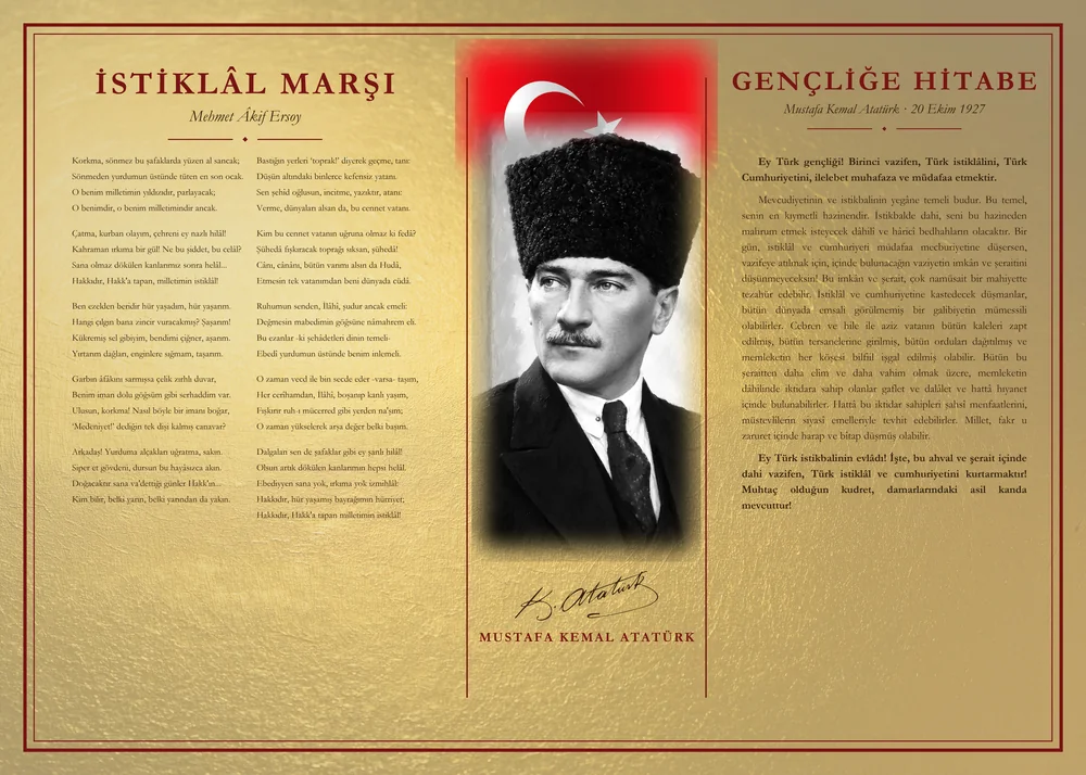 Altın Varak Zeminli Yağlı Boya Kalpaklı Atatürk Bayraklı İstiklâl Marşı ve Gençliğe Hitabe Makam Panosu