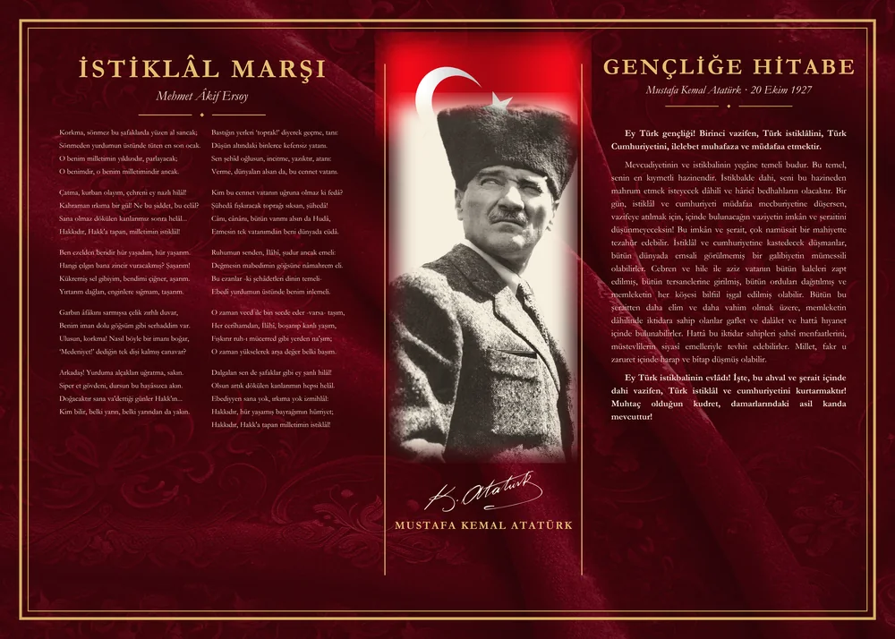 Bordo Kadife Zeminli Kalpaklı Atatürk Bayraklı İstiklâl Marşı ve Gençliğe Hitabe Makam Panosu