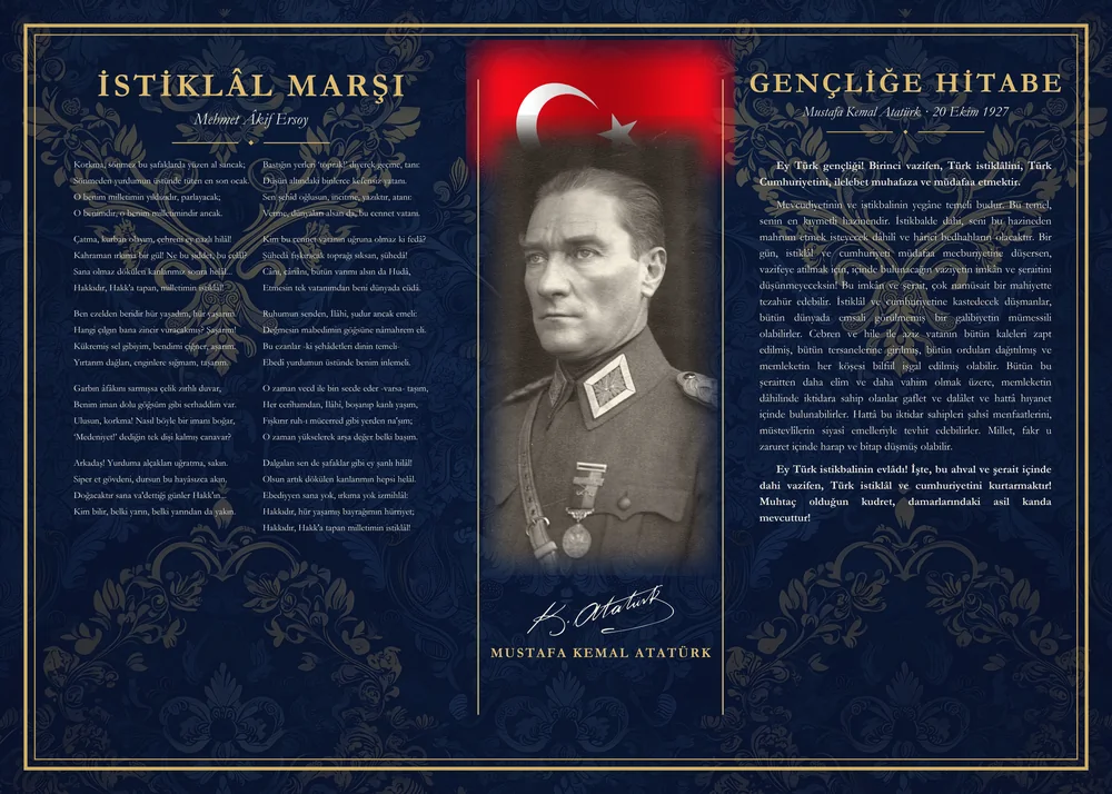 Lacivert Damask Zeminli Üniformalı Atatürk Bayraklı İstiklâl Marşı ve Gençliğe Hitabe Makam Panosu