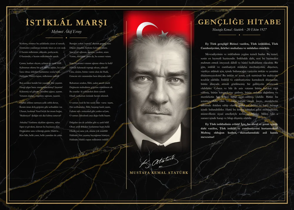 Siyah Mermer Zeminli Atatürk Portreli Bayraklı İstiklâl Marşı ve Gençliğe Hitabe Makam Panosu