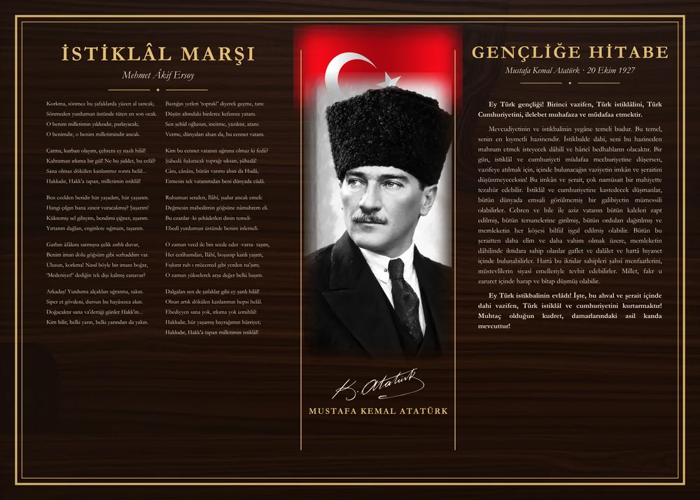Ceviz Zeminli Yağlı Boya Kalpaklı Atatürk Bayraklı İstiklâl Marşı ve Gençliğe Hitabe Makam Panosu