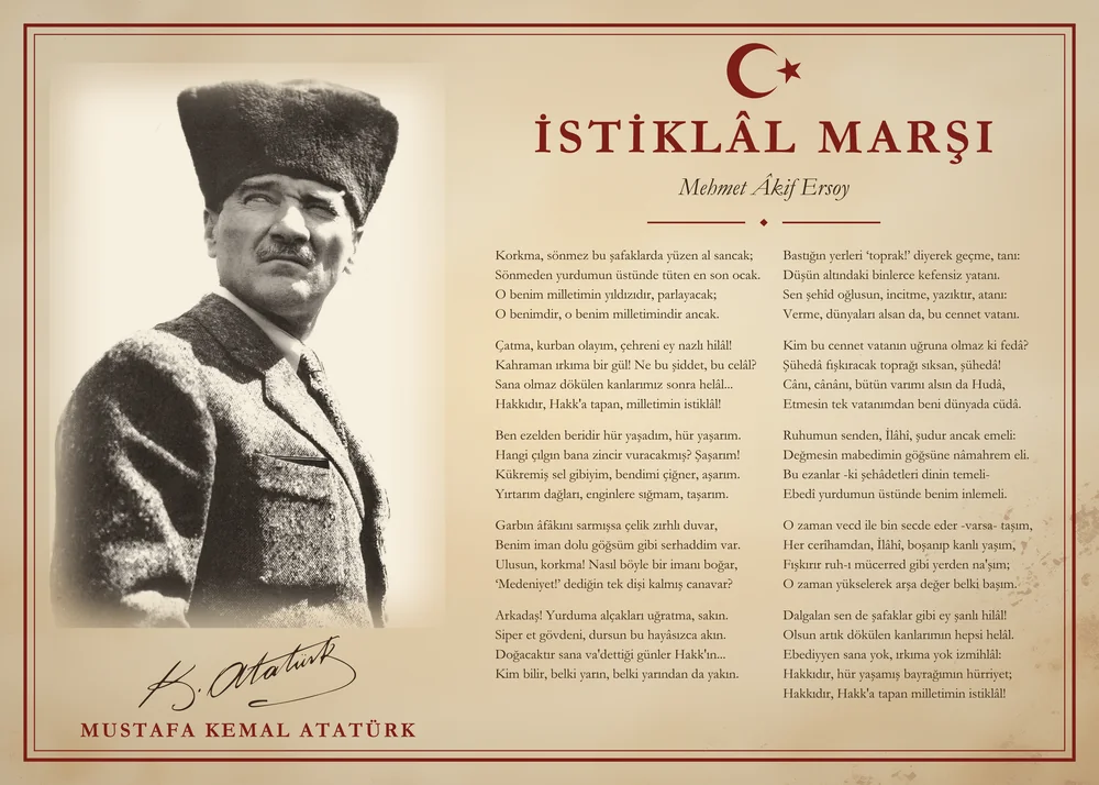 Parşömen Zeminli Kalpaklı Atatürk İstiklâl Marşı Makam Panosu