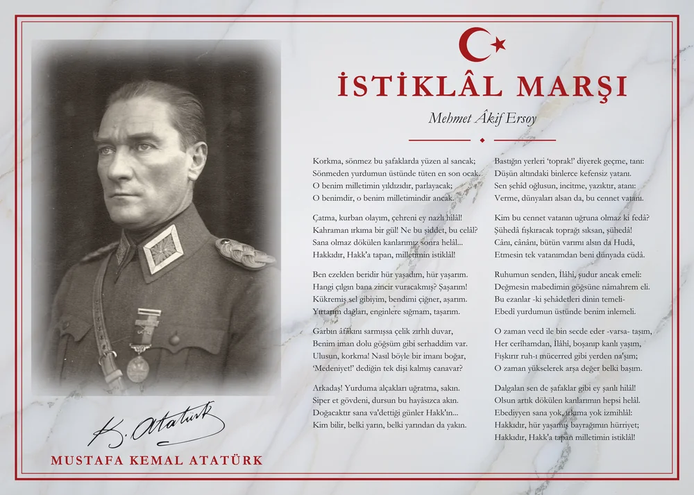Beyaz Mermer Zeminli Üniformalı Atatürk İstiklâl Marşı Makam Panosu