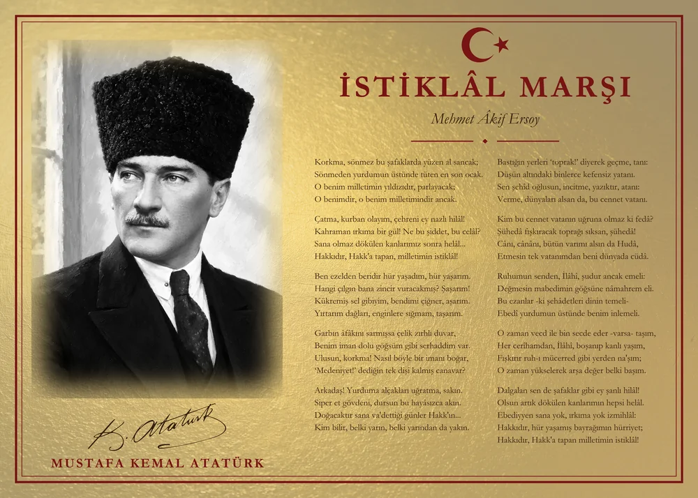 Altın Varak Zeminli Yağlı Boya Kalpaklı Atatürk İstiklâl Marşı Makam Panosu