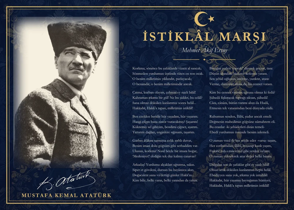 Lacivert Damask Zeminli Kalpaklı Atatürk İstiklâl Marşı Makam Panosu