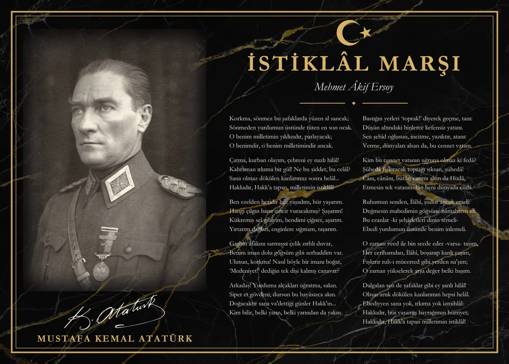 Siyah Mermer Zeminli Üniformalı Atatürk İstiklâl Marşı Makam Panosu