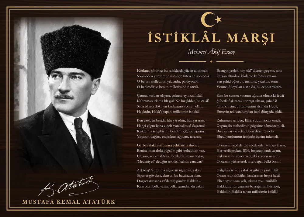 Ceviz Zeminli Yağlı Boya Kalpaklı Atatürk İstiklâl Marşı Makam Panosu