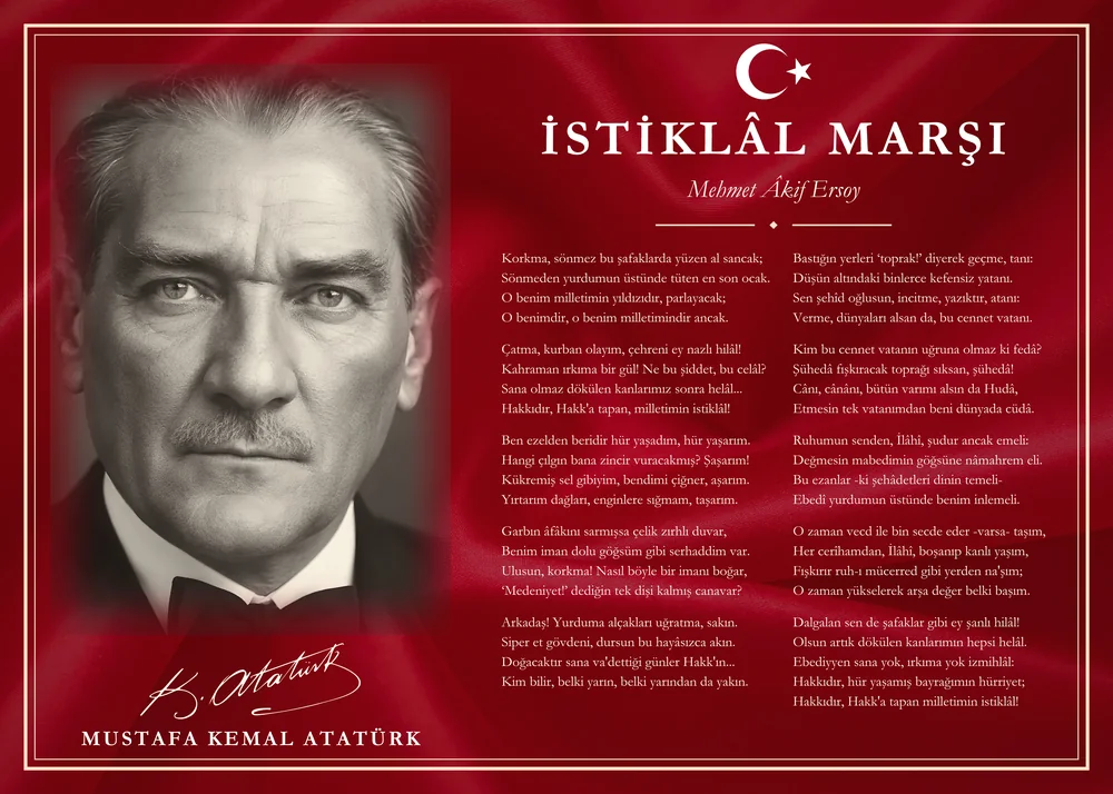 Al Bayrak Kırmızısı Zeminli Atatürk Portreli İstiklâl Marşı Makam Panosu