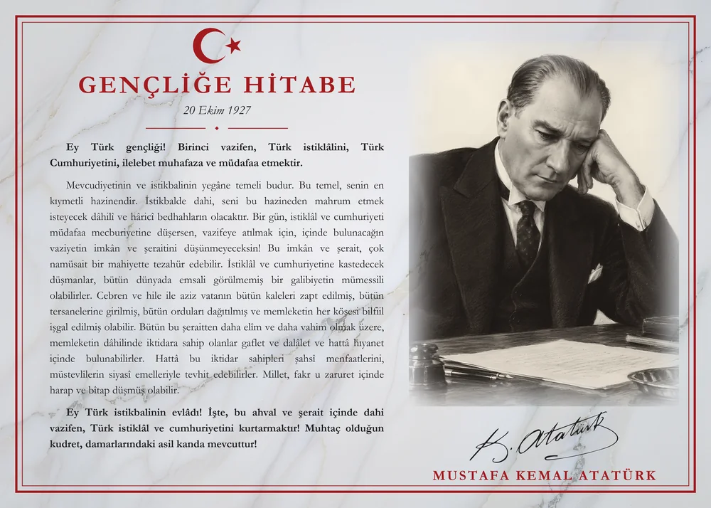 Beyaz Mermer Zeminli Masa Başında Atatürk Gençliğe Hitabe Makam Panosu
