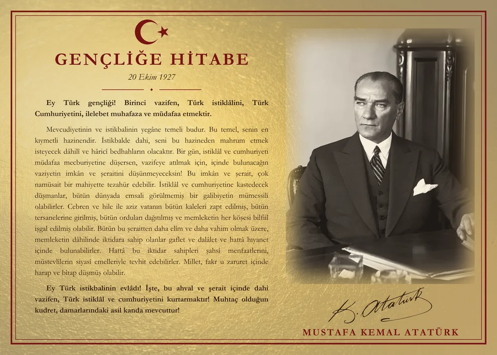 Altın Varak Zeminli Çalışma Masasında Atatürk Gençliğe Hitabe Makam Panosu