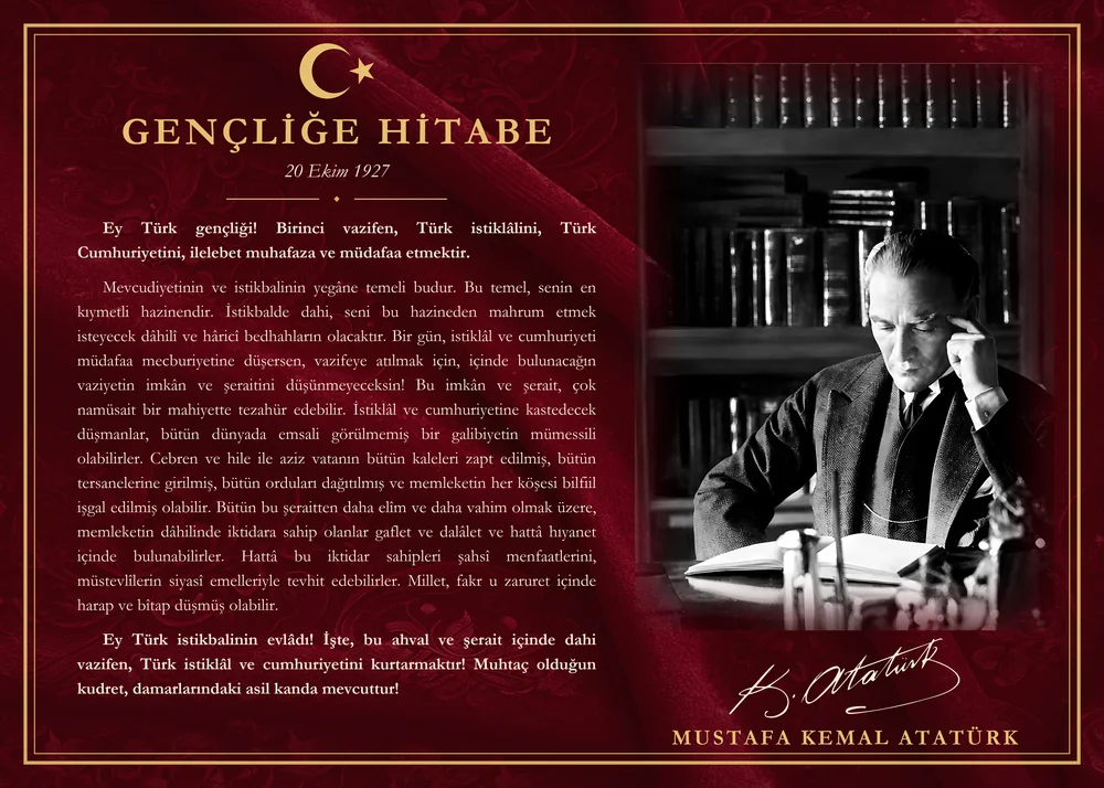 Bordo Kadife Zeminli Kütüphanede Çalışan Atatürk Gençliğe Hitabe Makam Panosu
