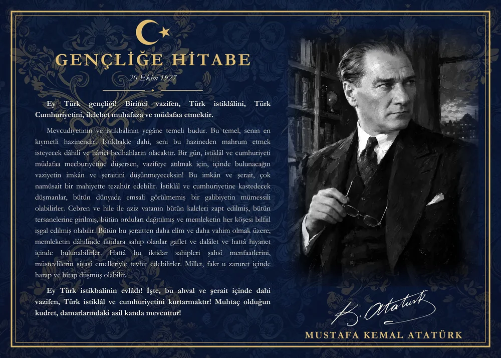 Lacivert Damask Zeminli Kütüphanede Atatürk Gençliğe Hitabe Makam Panosu