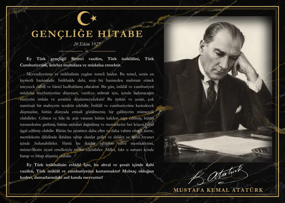 Siyah Mermer Zeminli Masa Başında Atatürk Gençliğe Hitabe Makam Panosu
