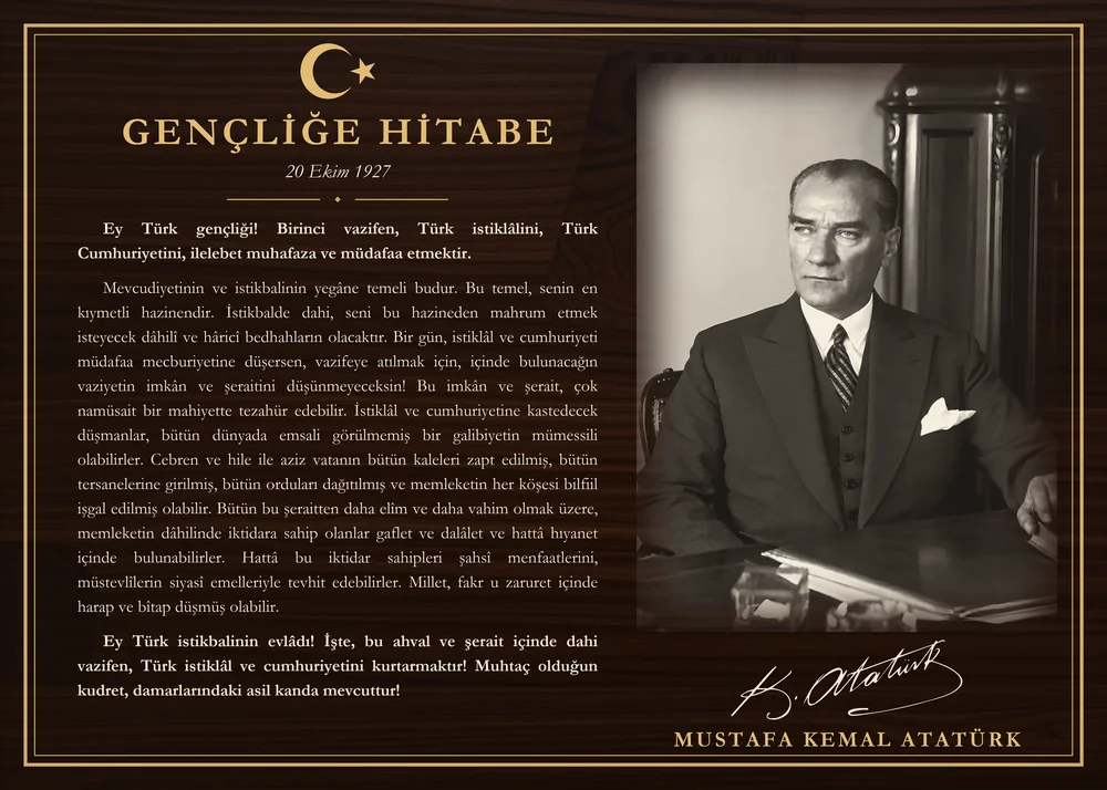 Ceviz Zeminli Çalışma Masasında Atatürk Gençliğe Hitabe Makam Panosu