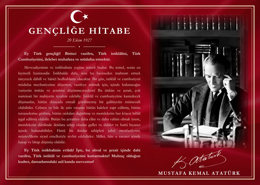 Al Bayrak Kırmızısı Zeminli Kütüphanede Çalışan Atatürk Gençliğe Hitabe Makam Panosu