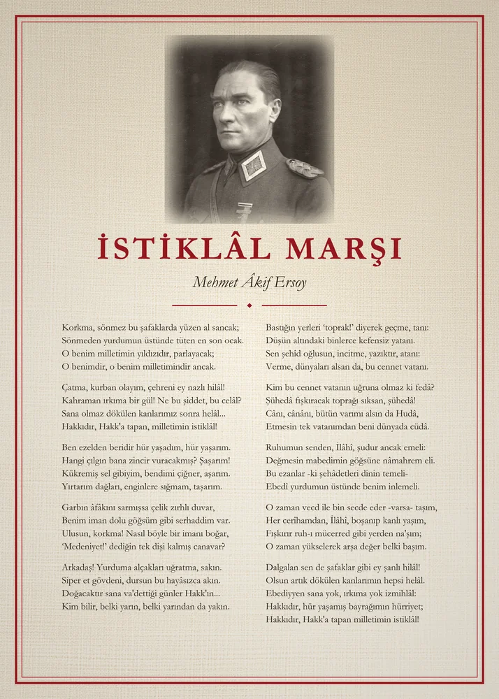 Krem Keten Zeminli Üniformalı Atatürk İstiklâl Marşı Panosu