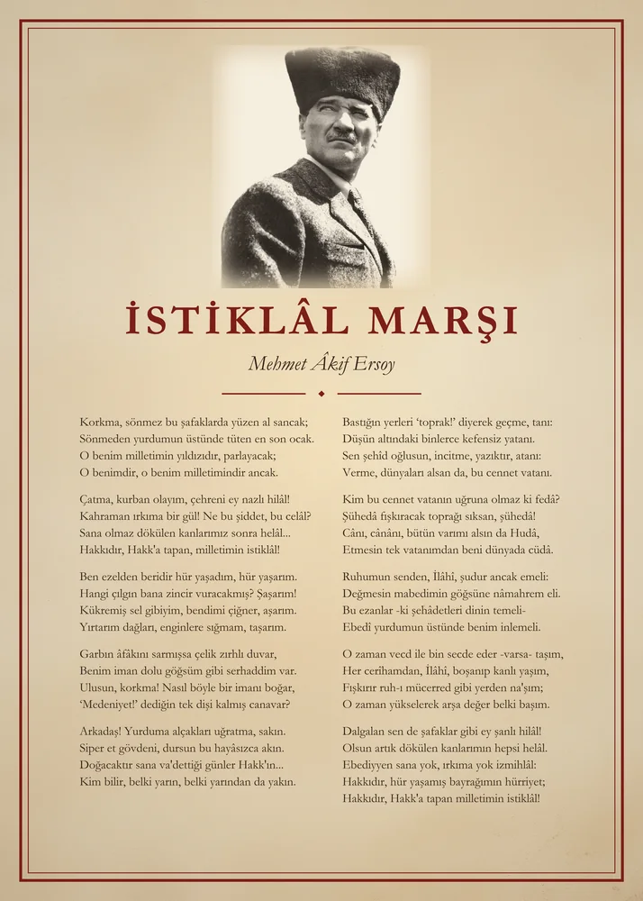 Parşömen Zeminli Kalpaklı Atatürk İstiklâl Marşı Panosu