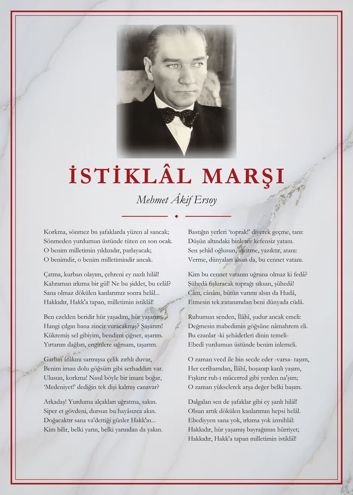 Beyaz Mermer Zeminli Papyonlu Atatürk İstiklâl Marşı Panosu