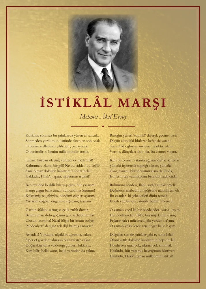 Altın Varak Zeminli Gülümseyen Atatürk İstiklâl Marşı Panosu