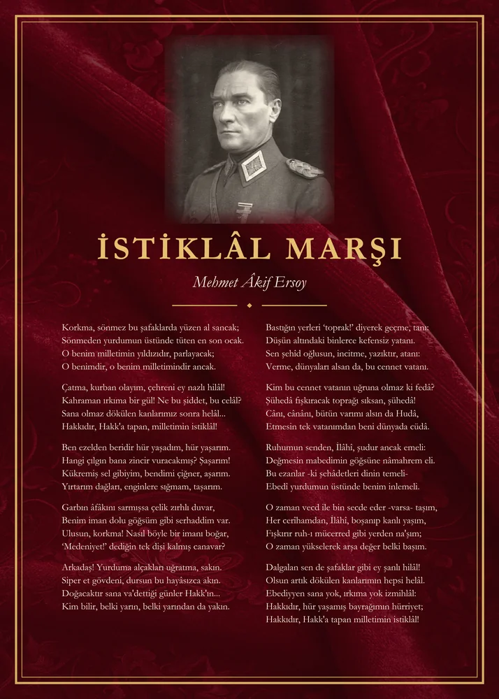 Bordo Kadife Zeminli Üniformalı Atatürk İstiklâl Marşı Panosu