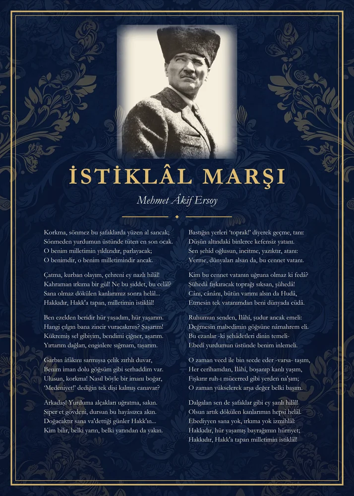 Lacivert Damask Zeminli Kalpaklı Atatürk İstiklâl Marşı Panosu