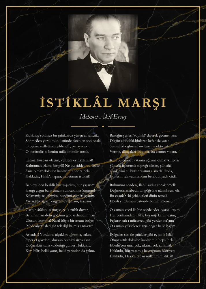 Siyah Mermer Zeminli Papyonlu Atatürk İstiklâl Marşı Panosu