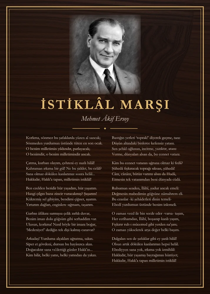 Ceviz Zeminli Gülümseyen Atatürk İstiklâl Marşı Panosu