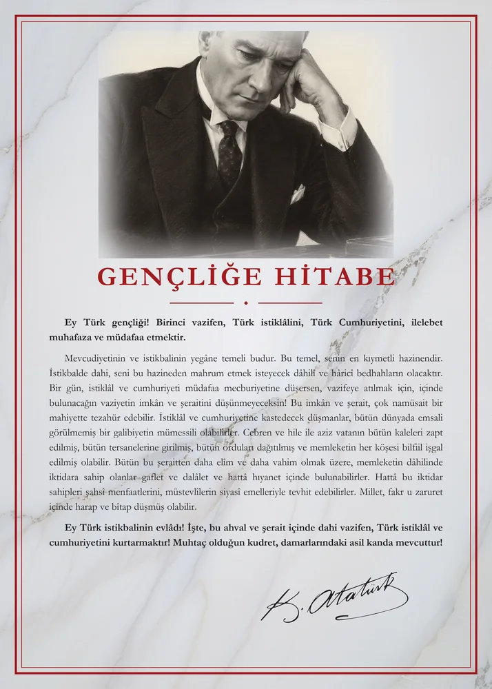Beyaz Mermer Zeminli Masa Başında Atatürk Gençliğe Hitabe Panosu