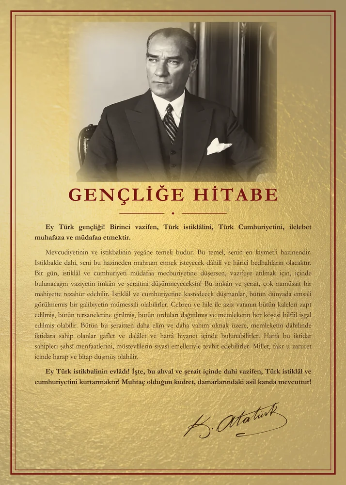 Altın Varak Zeminli Çalışma Masasında Atatürk Gençliğe Hitabe Panosu