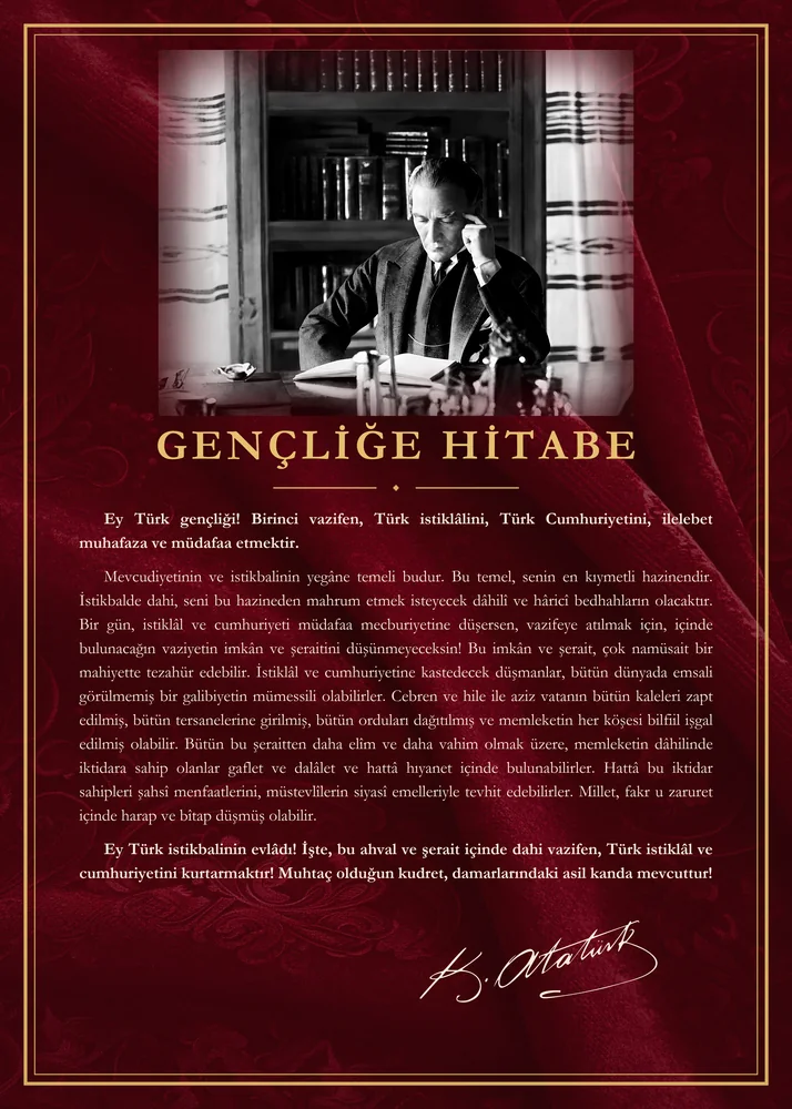 Bordo Kadife Zeminli Kütüphanede Çalışan Atatürk Gençliğe Hitabe Panosu