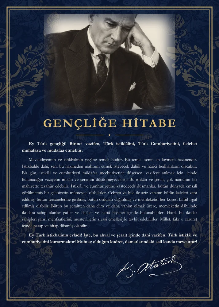 Lacivert Damask Zeminli Masa Başında Atatürk Gençliğe Hitabe Panosu