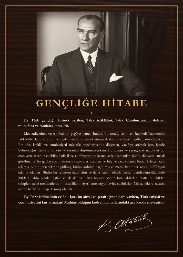 Ceviz Zeminli Çalışma Masasında Atatürk Gençliğe Hitabe Panosu