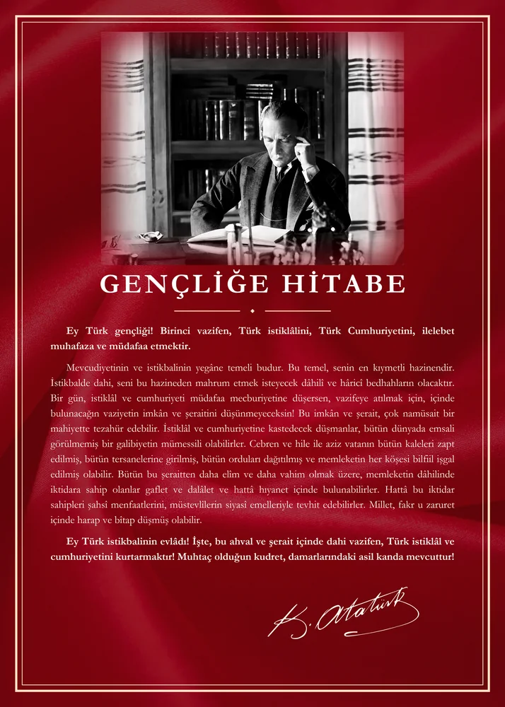 Al Bayrak Kırmızısı Zeminli Kütüphanede Çalışan Atatürk Gençliğe Hitabe Panosu