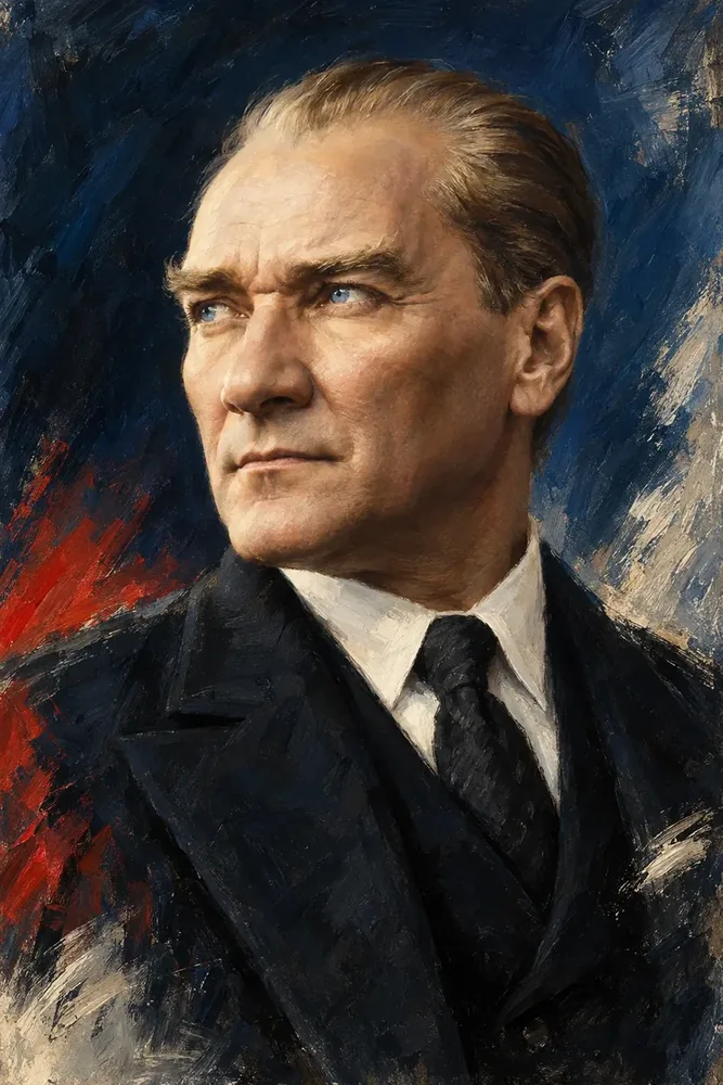 Atatürk Mavi Kırmızı Fırça Darbeli Portre Kanvas Tablo