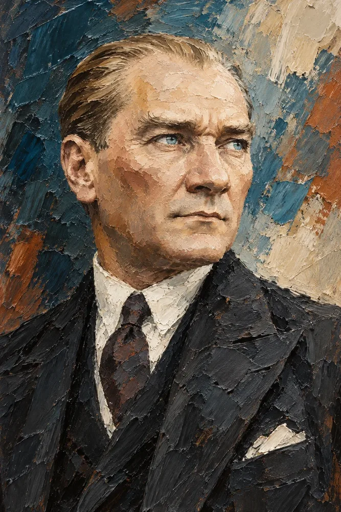Atatürk Mavi Tonlarda Kalın Fırça Portre Kanvas Tablo