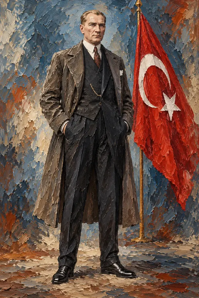 Atatürk Paltolu Türk Bayrağı Yanında Kalın Fırça Kanvas Tablo